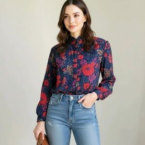 Vintage Pendleton Blouse Women’s Blue Red Floral Long Sleeve Shirt
